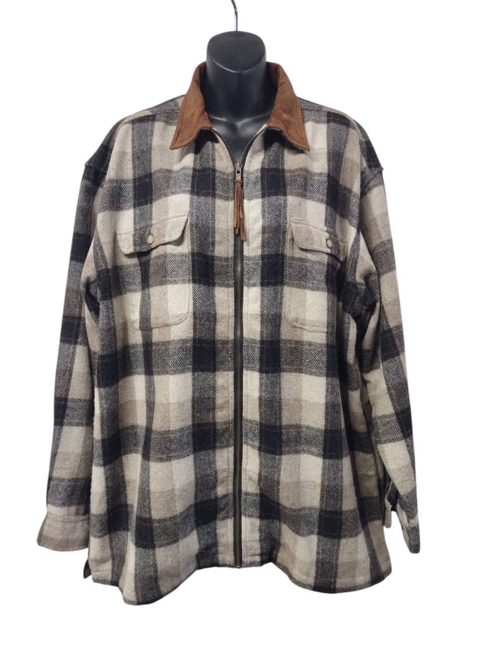 Sierra Pacific Mens L Plaid Wool Blend Shacket Jacket Brown Suede Collar Zipper